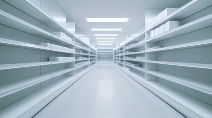 Obraz premium Empty aisle in a modern supermarket with white shelves holding unbranded items.