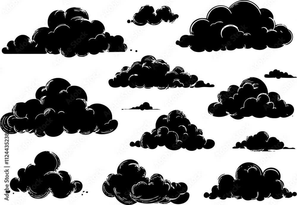 Aufkleber a collection of various black clouds in different shapes and sizes, suitable for graphic design and 