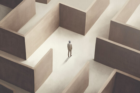 illustration of man lost in a maze, surreal abstract concept