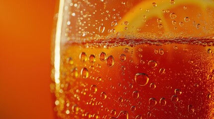 Closeup of a Refreshing Orange Beverage in a Glass with Condensation Droplets