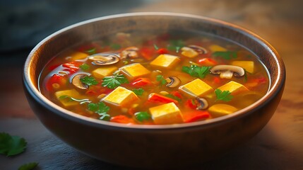 A delicate bowl of vegan tom yum soup, filled with tofu, mushrooms, and bright, colorful vegetables floating in a fragrant broth.