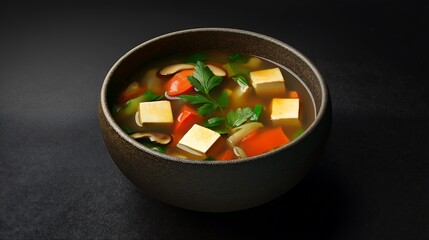 A delicate bowl of vegan tom yum soup, filled with tofu, mushrooms, and bright, colorful vegetables floating in a fragrant broth.