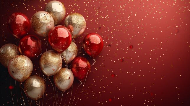 Happy birthday. Red and gold balloons with glitter on red background, celebration banner for birthday party or other events. Banner template for advertising web design