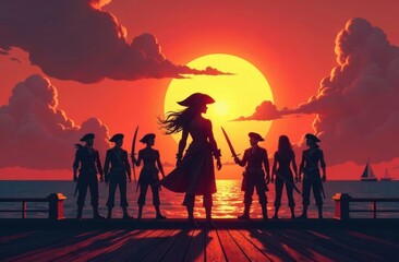 adventure story, travel concept for poster, flyer. young pirate girl leading group of pirates, standing on ship's deck with vibrant sunset in background.