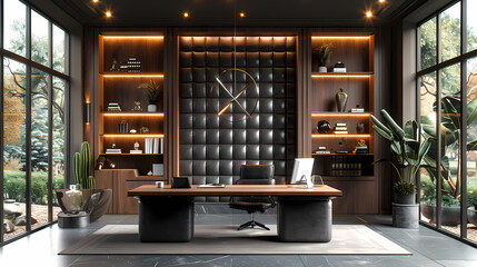 Luxurious Modern Home Office: A stunning modern home office design features a dark wood desk, built-in bookshelves, a tufted leather wall panel, and large windows overlooking a lush garden.