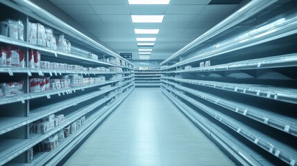 Empty supermarket interior showcasing wide aisles and shelves stocked with plain packaging