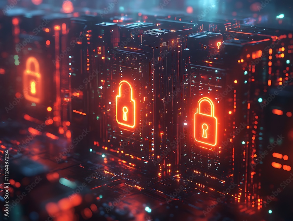 Poster futuristic cybersecurity data center with neon locks and digital grid