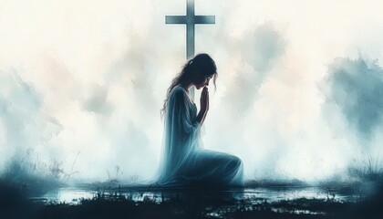 Obraz premium Woman Kneeling in Prayer Before the Cross in the Sky Digital Watercolor Painting