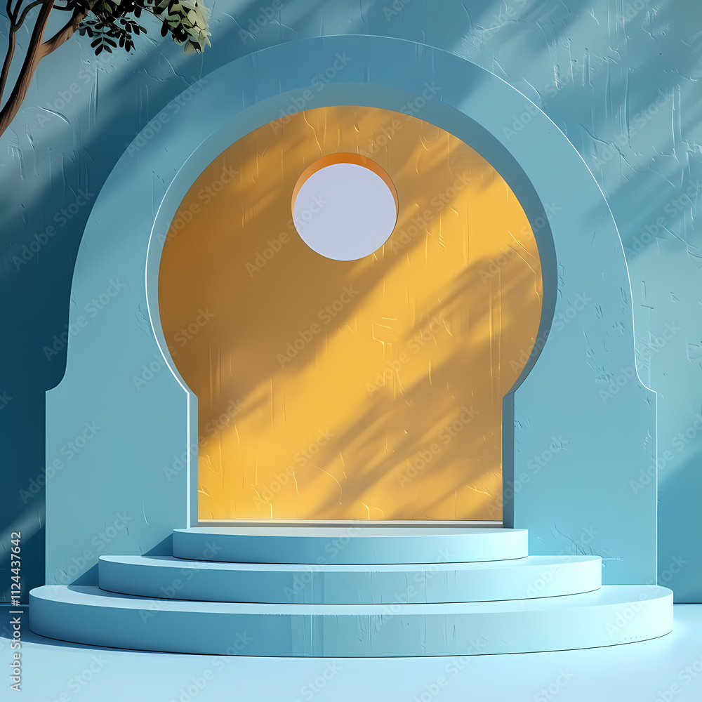 Poster minimalist blue archway: a serene and minimalist composition of a blue archway with a yellow interio