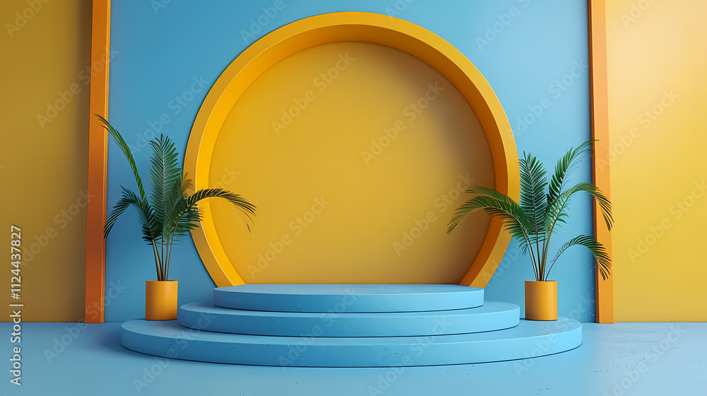 Poster blue and yellow minimalist product display: a contemporary product display with a three-tiered blue 
