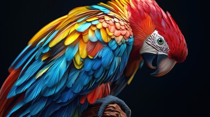 Fototapeta premium Vibrant Scarlet Macaw Portrait Against Dark Background Stunning Feathers and Colors Detailed 3D Render