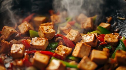 Close-up of tofu cubes being stir-fried in a wok with colorful vegetables, surrounded by steam and vibrant spices.