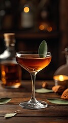Craft cocktail served in an elegant glass with fresh herbs at a cozy bar setting