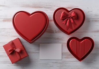 Romantic Gift Boxes in Heart Shapes on Wooden Background for Valentine's Day Celebration, Perfect for Expressing Love and Affection to Special Someone