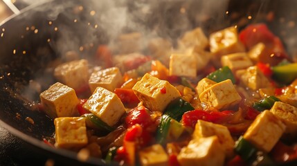 Close-up of tofu cubes being stir-fried in a wok with colorful vegetables, surrounded by steam and vibrant spices.