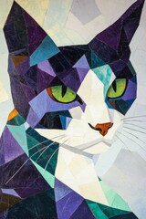 Colorful Abstract Cat Portrait - Modern Geometric Art Featuring a Whimsical Feline with Striking Green Eyes and Unique Shapes for Creative Decor