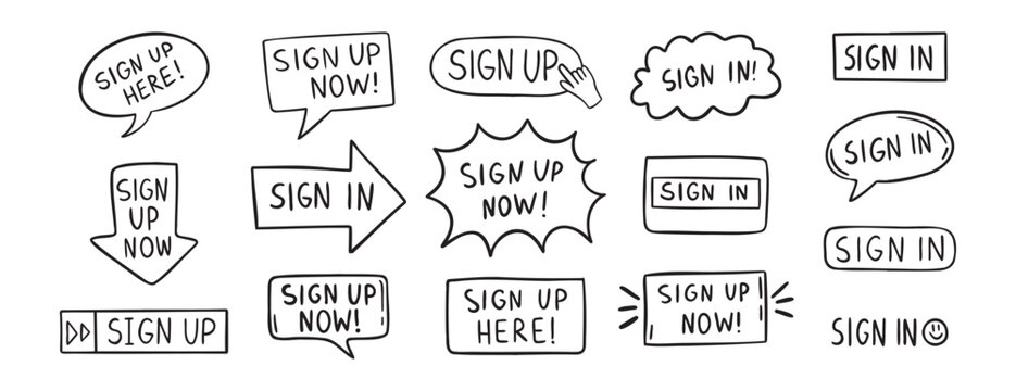 sign up text icon. Sign in doodle hand drawn icon set. Outline drawing line clipart symbol