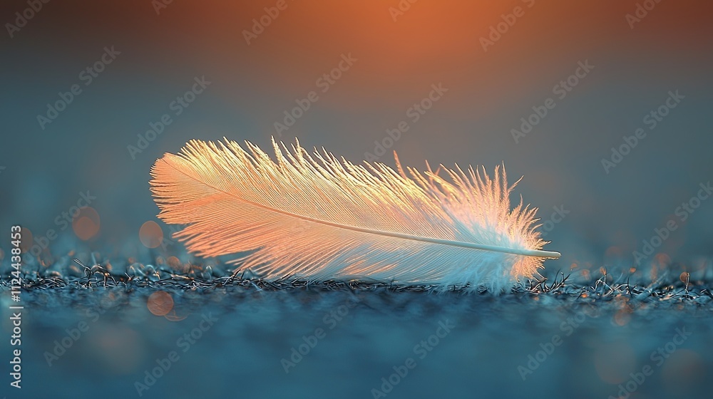 Poster soft feather resting on a textured surface during golden hour with warm colors in the background