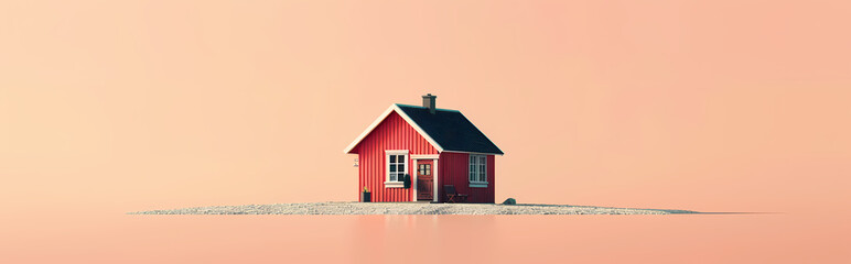 Red House on a Sand Dune:  A lone, tiny red house stands against a vast expanse of  golden sand,  a minimal aesthetic representing solitude, and the possibilities of new beginnings.  