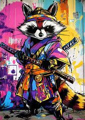 graffiti on a wall with a samurai raccoon