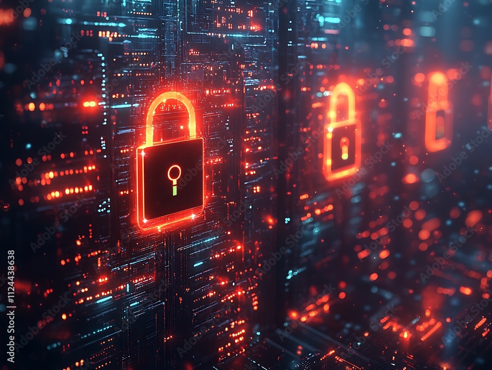 Poster high-tech cybersecurity concept with neon lock icons on digital circuit board network