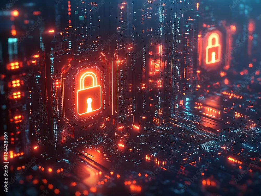 Poster futuristic cybersecurity data center with neon locks and digital grid