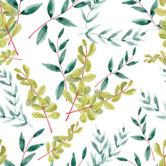 Watercolor drawing of a twig with green and olive leaves on a white background. Seamless pattern.