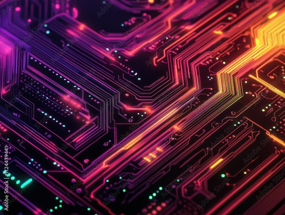 Poster colorful abstract circuit board design with vibrant neon lines and dynamic patterns
