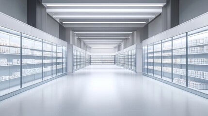 Fototapeta premium Spacious supermarket mockup with shelves fully stocked with blank goods and a clear aisle