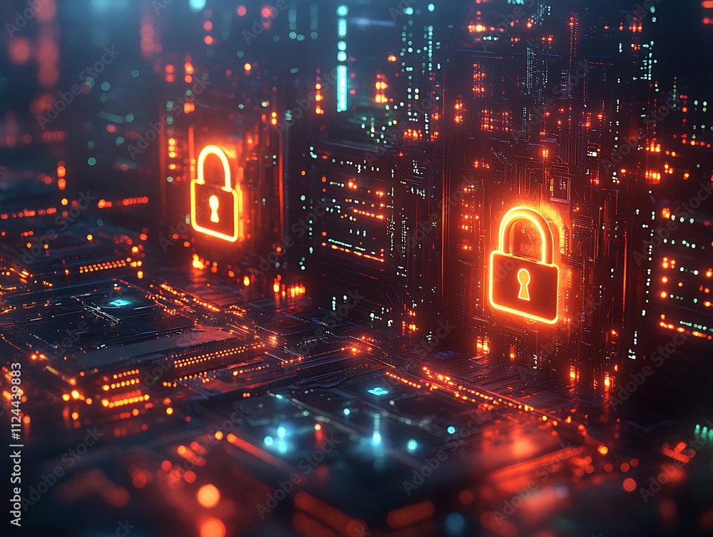 Poster high-tech cybersecurity concept with neon lock icons on digital circuit board network