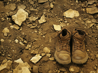 Rustic leather hiking boots on a rocky path with blank space for text
