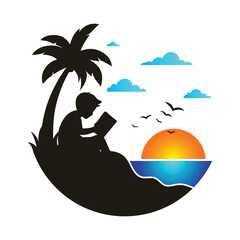 Fototapeta premium Reading book at beach silhouette logo, with simple and stylish design