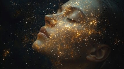 Fototapeta premium Dreamy Cosmic Portrait of a Woman Fading into the Stars Symbolizing Imagination and Infinite Possibilities