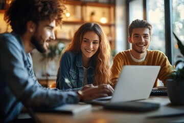 Three high school students collaborating on a laptop in a cozy classroom setting