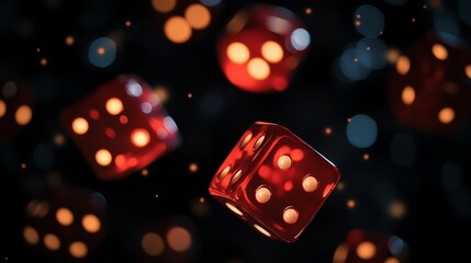 Colorful dice floating in dark atmosphere.