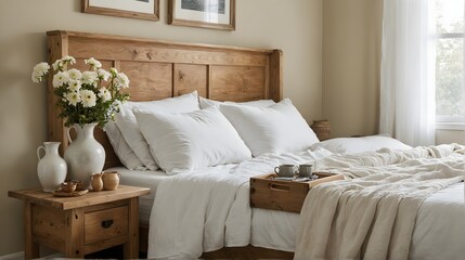 Obraz premium A bed with white sheets and pillows in a bedroom.