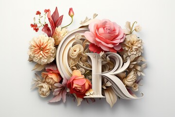 Fototapeta premium Collection romantic gold letters with drawn watercolor leaves and red rose. Elegant alphabet for book design, brand name, wedding invitation thanks card on white background 