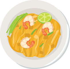 Illustration of Thai shrimp Pad Thai with lime garnish.