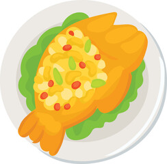 Illustration of stuffed fried fish served on lettuce.