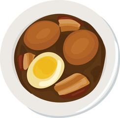 Illustration of braised pork belly and eggs in dark broth.