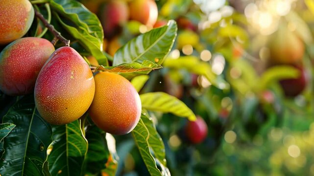 A branch of a mango tree laden with ripe, colorful mangoes surrounded by green leaves and illuminated by warm sunlight, evoking tropical abundance.