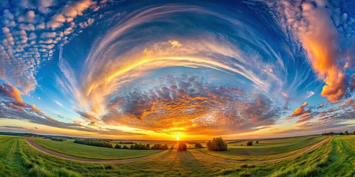 360&deg; Sunset Sky Panorama: Cirrus Clouds Spherical Equirectangular HDRI for 3D & Game Environments