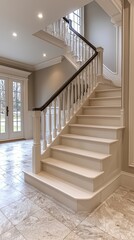 Elegant interior design of a spacious home featuring a modern staircase and bright entryway with natural light