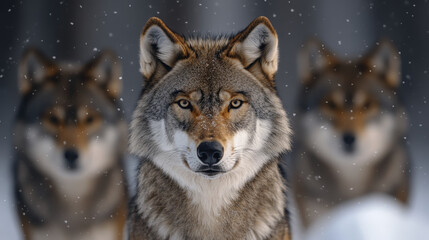 Obraz premium lone wolf stands majestically in snow covered forest, surrounded by blurred figures of other wolves. scene captures beauty and strength of these wild animals in serene winter landscape