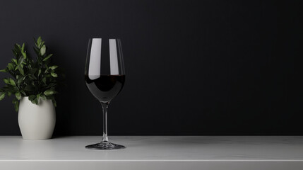 minimalist display of luxury crystal glass filled with red wine, set against dark background, complemented by small green plant in white vase, creating elegant atmosphere