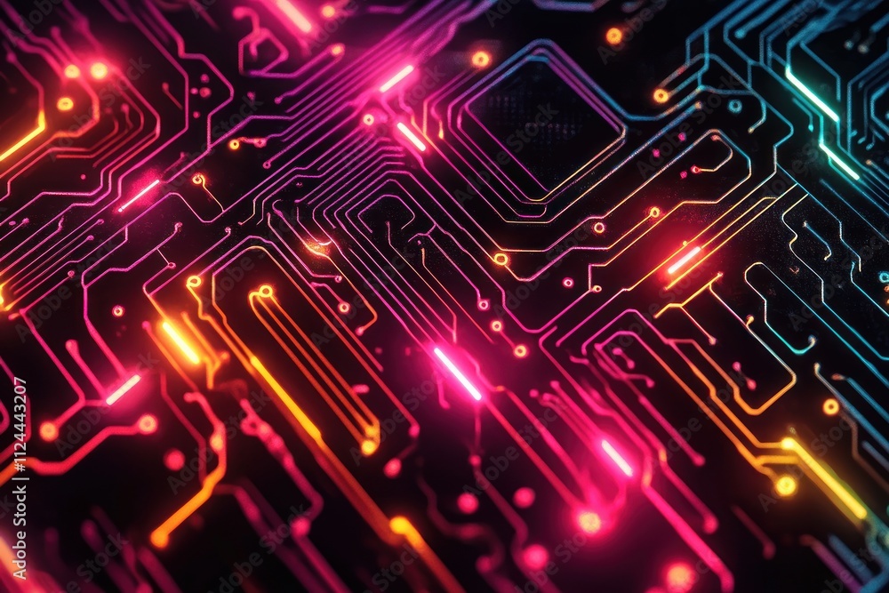 Aufkleber vibrant neon circuit board design abstract technology lines background