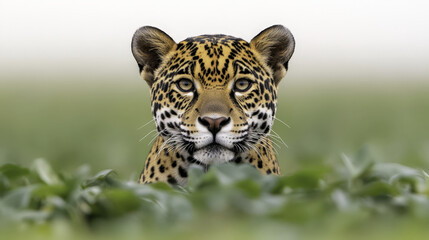 Fototapeta premium jaguar gazes intently from lush green foliage, showcasing its striking coat and powerful presence. This majestic animal embodies beauty of wildlife in its natural habitat