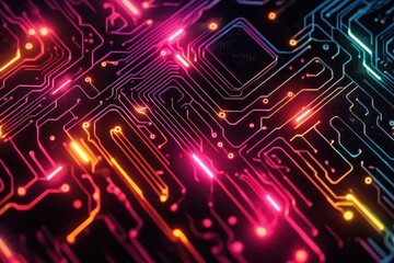 Obraz premium vibrant neon circuit board design abstract technology lines background