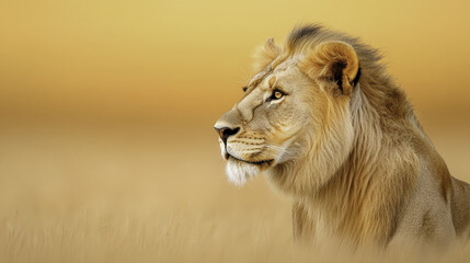 Fototapeta premium majestic lion in profile, showcasing texture of its mane against warm golden background. serene expression captures essence of wildlife beauty