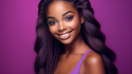 Fototapeta premium Portrait of smiling African American girl with long hair purple background banner.
